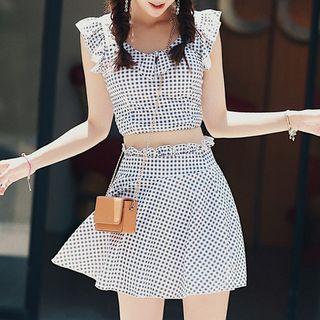 Set: Frilled Check Tankini Top + Swim Shorts + Skirt