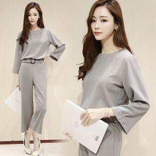 Set: Plain Long-sleeve Top + Wide Leg Pants