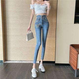 High Waist Rhinestone Trim Crop Skinny Pants