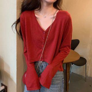 Long-sleeve Button Knit Top Red - One Size