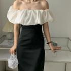 Off-shoulder Two-tone Midi Sheath Dress
