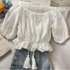 Eyelet Off-shoulder Tie Crop Blouse White - One Size