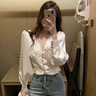 V-neck Lantern-sleeve Blouse White - One Size