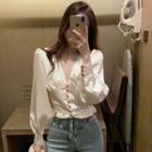 V-neck Lantern-sleeve Blouse White - One Size