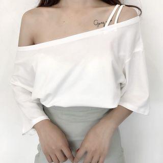 Off-shoulder Spaghetti Strap Elbow-sleeve T-shirt