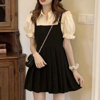 Mock Two-piece Short-sleeve Collar Mini A-line Dress