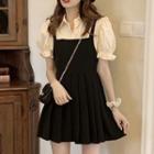 Mock Two-piece Short-sleeve Collar Mini A-line Dress