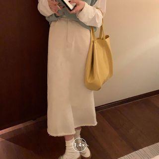 High-waist Frayed Plain Denim Skirt