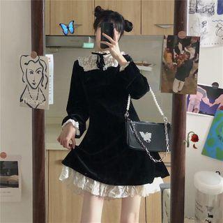 Long-sleeve Frill Trim Velvet Dress