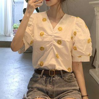 Puff-sleeve V-neck Strawberry Embroidered Blouse