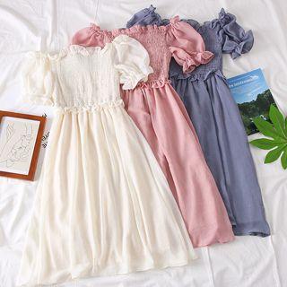 Boatneck Ruffled-trim Chiffon A-line Dress