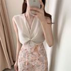 V Neck Knot Plain Sleeveless Shirt
