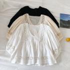 Eyelet Lace Panel V-neck Puff-sleeve Top