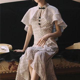 Ruffled Cape-sleeve Dotted Midi A-line Dress