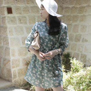 Puff-sleeve Floral Pattern Mini Dress