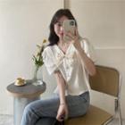 V-neck Bow Ribbed Cropped Blouse