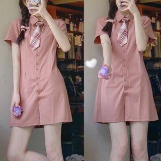Short-sleeve Mini Shirt Dress With Plaid Tie