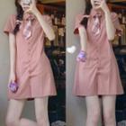 Short-sleeve Mini Shirt Dress With Plaid Tie