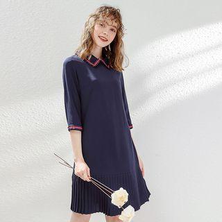 Elbow-sleeve Collar Pleated Hem Dress