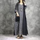 Long-sleeve Plaid Panel Maxi Dress As Shown In Figure - One Size