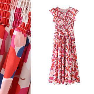 Round-neck Print Cap Sleeve Dress