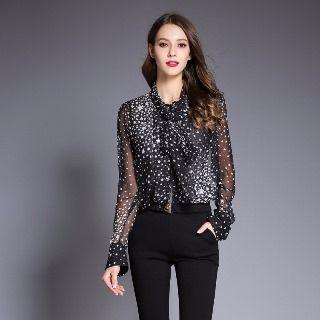 Long-sleeve Dotted Tie-neck Shirt