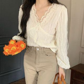 Long-sleeve V-neck Lace Trim Chiffon Shirt Almond - One Size