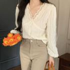 Long-sleeve V-neck Lace Trim Chiffon Shirt Almond - One Size