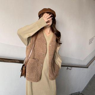 Fleece Button-up Vest / Long-sleeve Midi Dress / Set