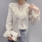 Long-sleeve Frill Trim Button-up Lace Blouse