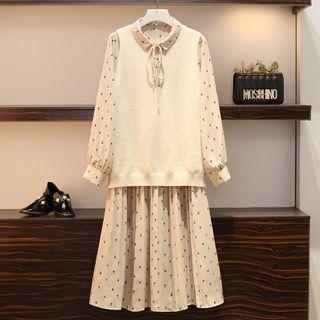 Long-sleeve Pattern Midi A-line Dress / Knit Vest / Set