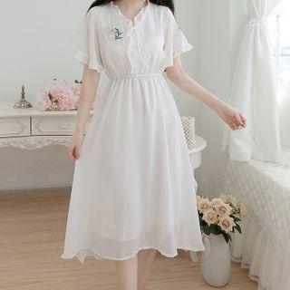 Short-sleeve Ruffle Trim Embroidered Flower Hanfu Dress
