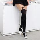 Bow-accent Two-tone Tights Black And Nude - One Size