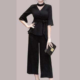 Set: Elbow-sleeve Peplum Blouse + Cropped Wide Leg Pants