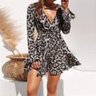 Long-sleeve Floral Print V-neck Mini A-line Dress