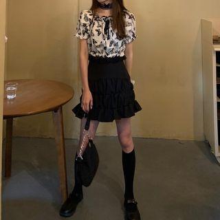 Short-sleeve Butterfly Print Blouse / Mini Pencil Skirt