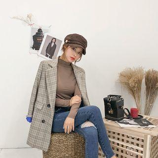 Double-breasted Plaid Blazer Beige - One Size