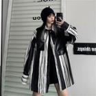 Long-sleeve Faux Leather Panel Striped Shirt Stripe - One Size