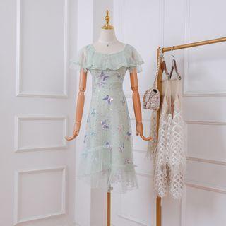 Sequined Butterfly Mesh Short-sleeve Midi A-line Dress