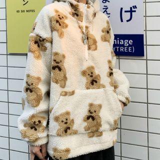 Bear Print Half-zip Fleece Hoodie