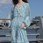 Long-sleeve Print Midi Smock Dress