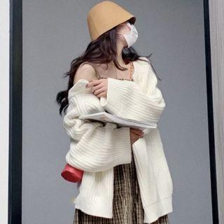 Long-sleeve Plain Sweater Cardigan White - One Size