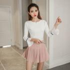 Set: Bell-sleeve Knit Top + Pleated Skirt