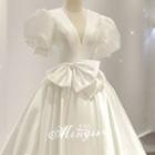 Puff-sleeve V-neck Bow-accent A-line Wedding Gown