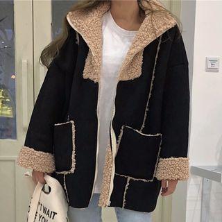 Faux Suede Panel Fleece-lined Zip Coat