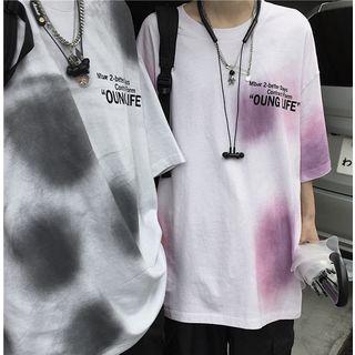 Couple Matching Dye Print Lettering Elbow-sleeve T-shirt