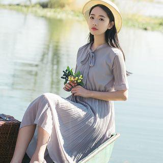 Short Sleeve Tie Neck Accordion Pleat Dress