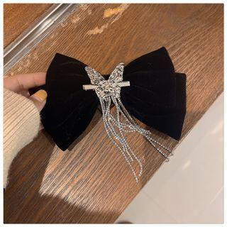 Bow Mesh Rhinestone Hair Clip Black - One Size