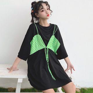 Set: 3/4-sleeve Plain T-shirt + Dotted Camisole