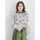 Mock-neck Pleated Floral Pattern Top